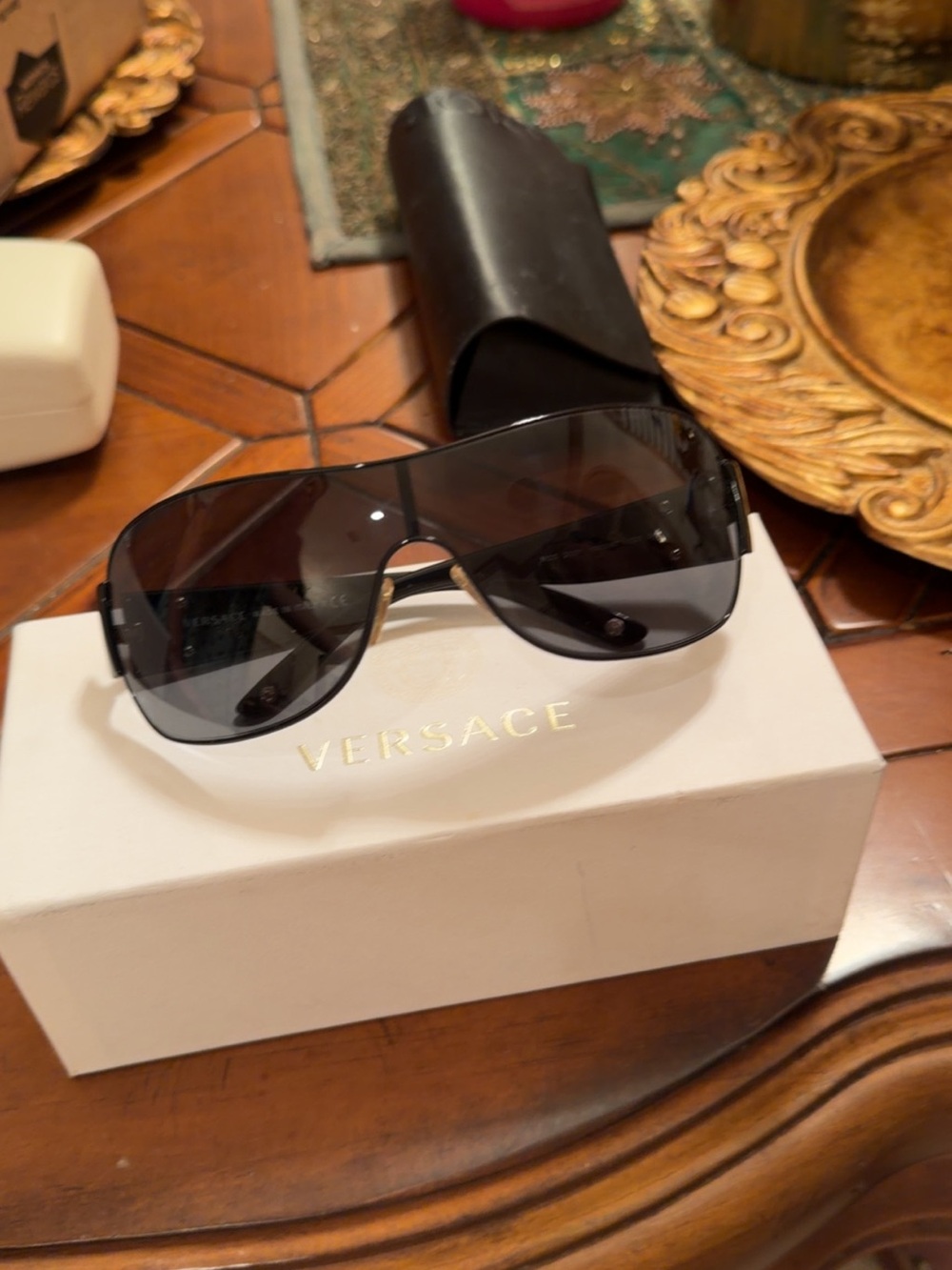 Versace Black Shield Sunglasses with Dark Smoke Lenses